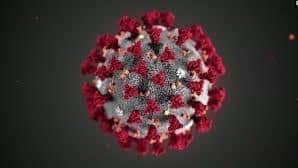 Microscopic view of a spherical virus particle with red and white protein structures against dark background.