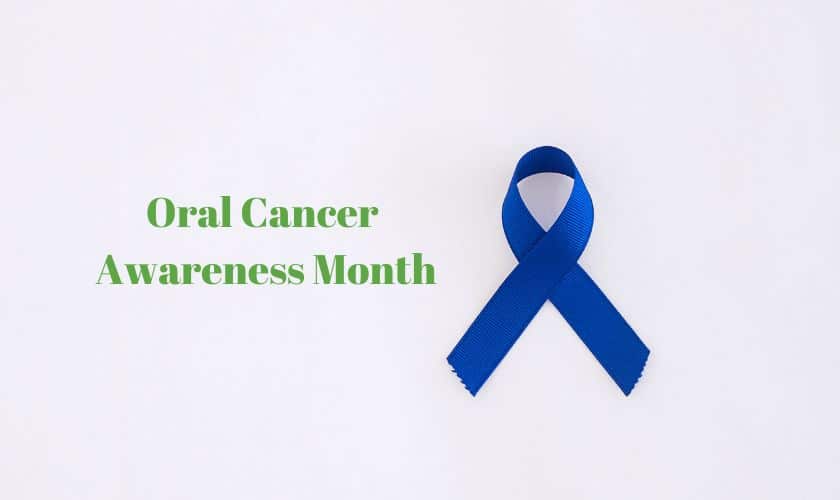 Blue ribbon with "Oral Cancer Awareness Month" text on white background for Groves Dental Care.